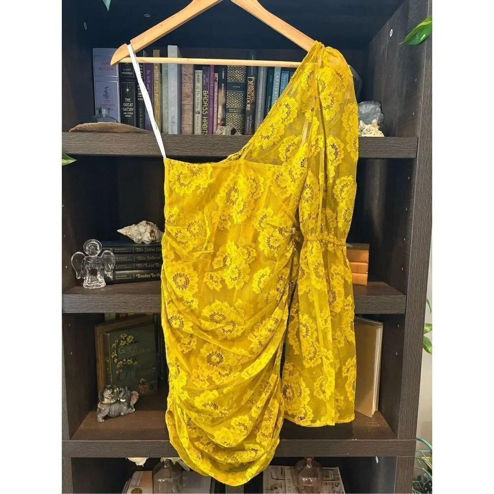 NWT For Love & Lemons Tiana Mustard Yellow Floral Lace Mini Dress Size Small